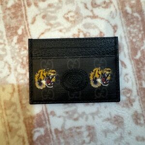 Gucci Black Card Holder with Yellow Tiger Embroidery